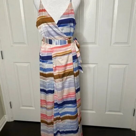 Hutch Satin Printed Sleeveless Midi Wrap Dress Bright Watercolor Stripe - Picture 6 of 8